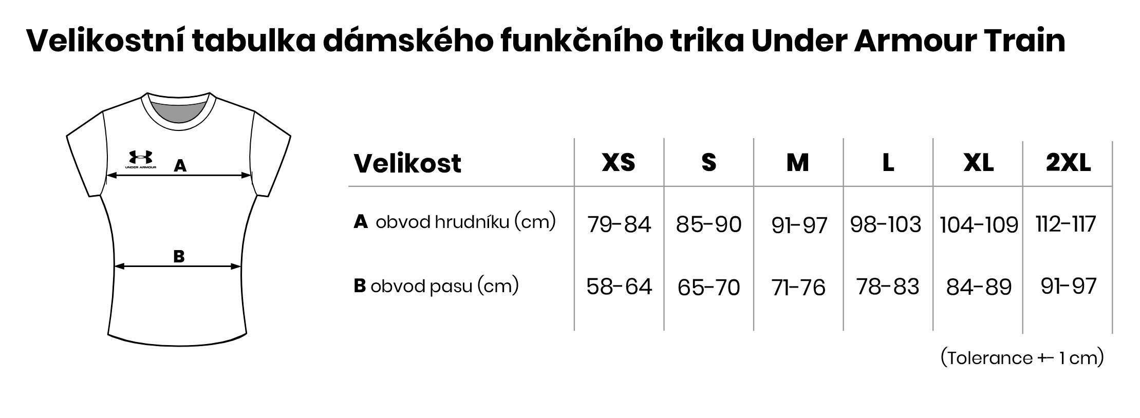 Velikostní tabulka dámského funkčního trika Under Armour Train